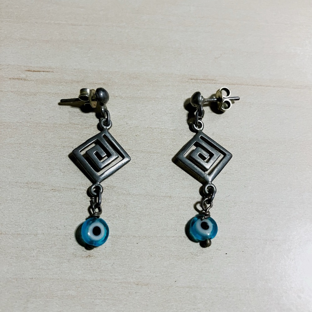 Geometric Sterling Silver and Blue Evil Eye Earrings